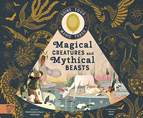 Book cover depicting magical creatures, a unicorn, and a child with a torch.