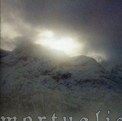 Snowy mountain landscape with bright light and the album title "mortualia".