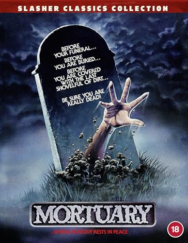 Blu-ray cover for horror film *Mortuary*, showing a hand emerging from dirt.