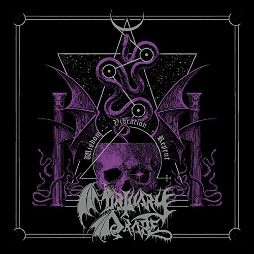 A purple skull, winged serpent, and pillars on a black background with band logo.