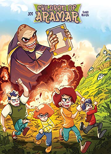 Book cover: lizard-like figure with children running from explosions.