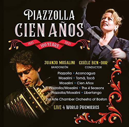 CD cover featuring a bandoneón player and a conductor with text and red flourishes.
