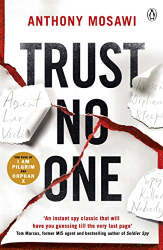 Book cover: “Trust No One” with torn paper and bold red text.