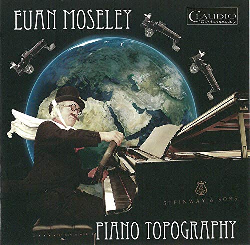 Pianist Euan Moseley at a grand piano with a backdrop of Earth and telescopes.