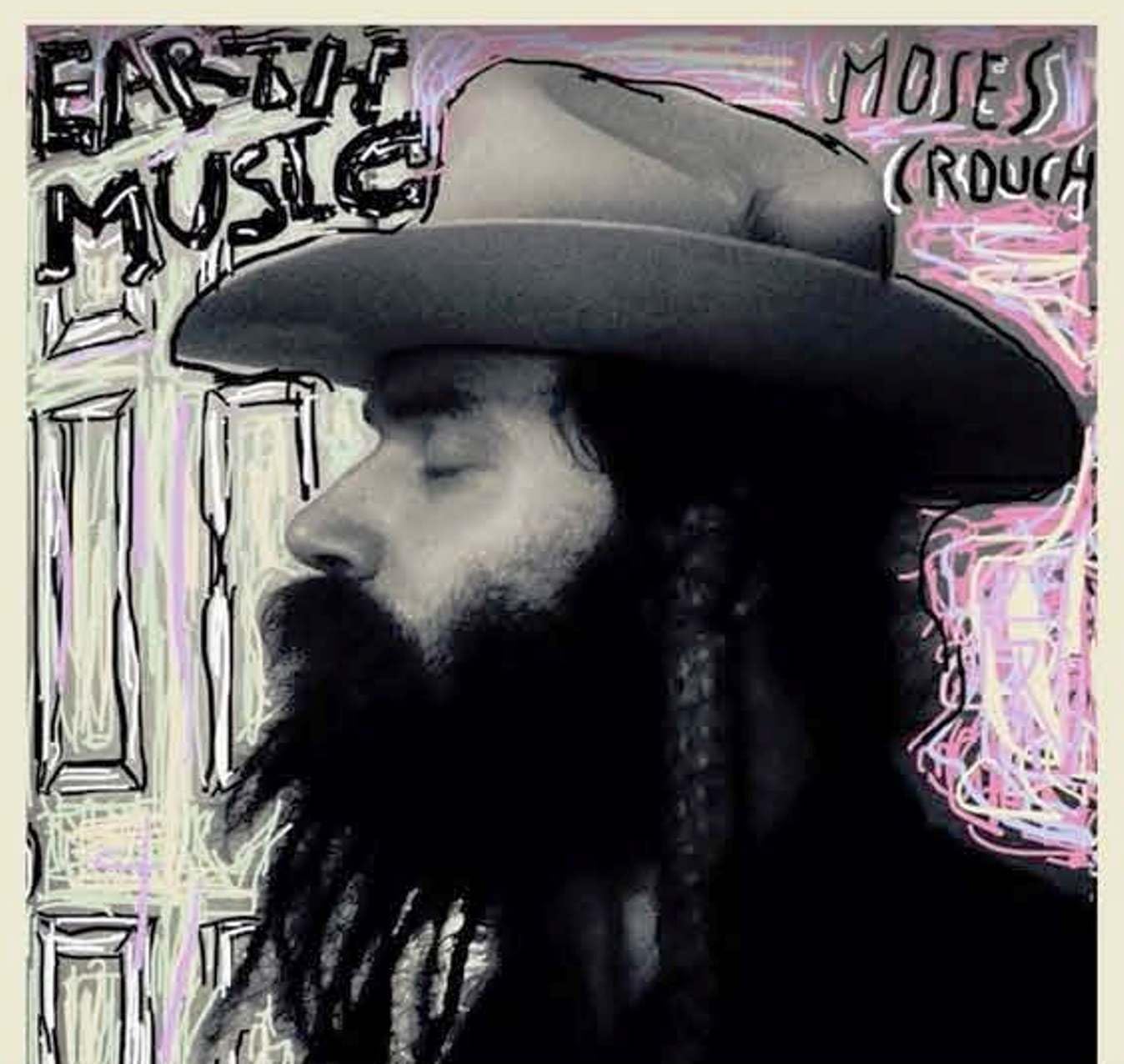 Profile portrait of a bearded man in a hat against a sketched background.