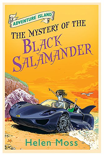 Book cover: children in a car near a beach, salamander silhouette.