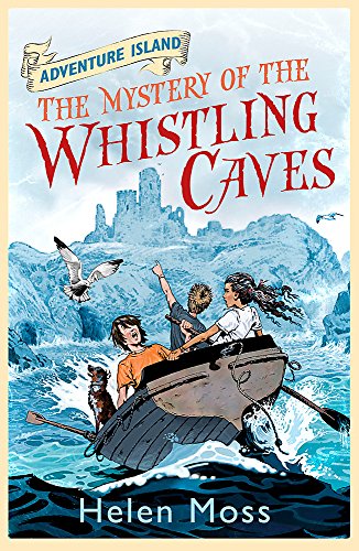 Children and a dog in a rowboat near rocky cliffs, book cover illustration.