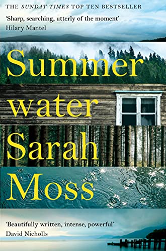 Book cover for "Summerwater" by Sarah Moss with cabin and water imagery.