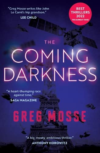 Book cover: "The Coming Darkness" with a purple sky, Eiffel Tower, and birds.