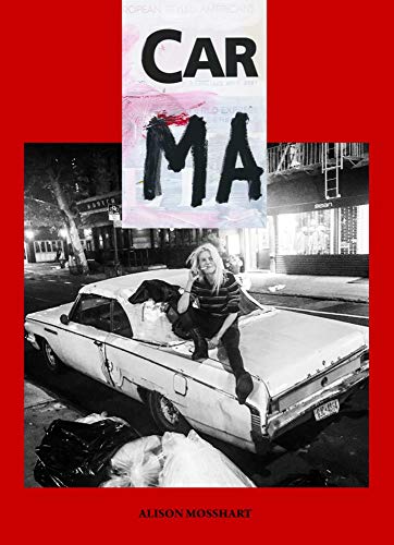 Book cover with a black and white photo of a woman sitting on a car.