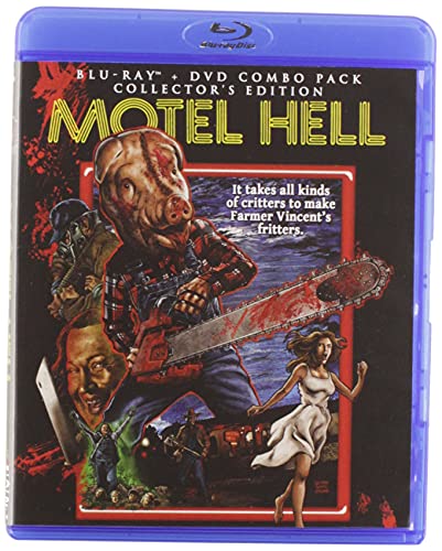 Motel Hell" Blu-ray cover featuring a pig-headed man with a chainsaw.