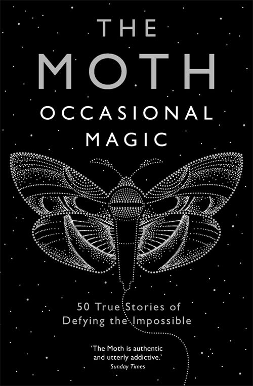 Book cover: black background with a white moth and white text.