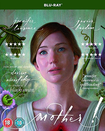 Blu-ray cover for Mother! featuring a portrait of Jennifer Lawrence against floral artwork.
