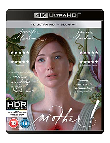 Mother!" Blu-ray cover featuring Jennifer Lawrence with floral imagery.