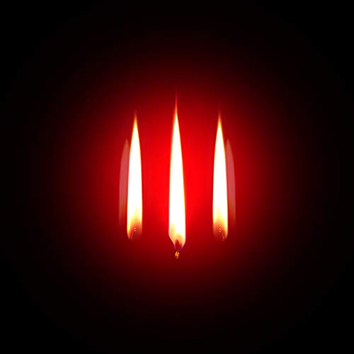Three lit candles with bright flames against a dark red background.