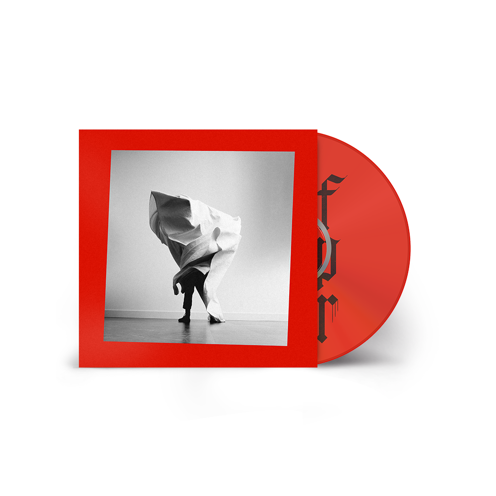 Red CD case and disc with a black and white image of a draped figure.