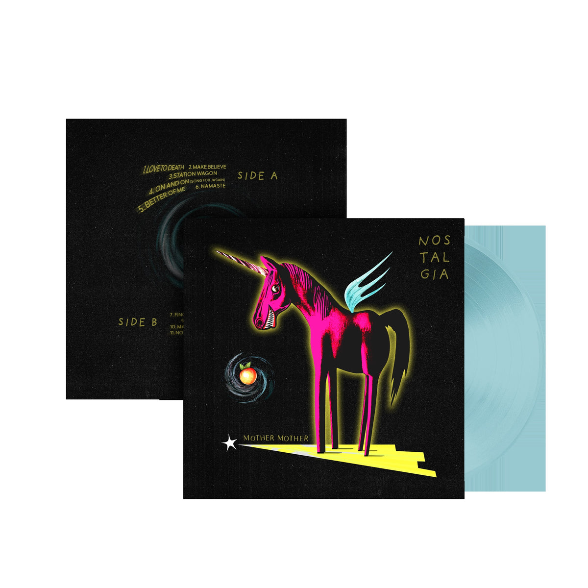Blue vinyl record for Mother Mother’s “Nostalgia” album, featuring unicorn art.