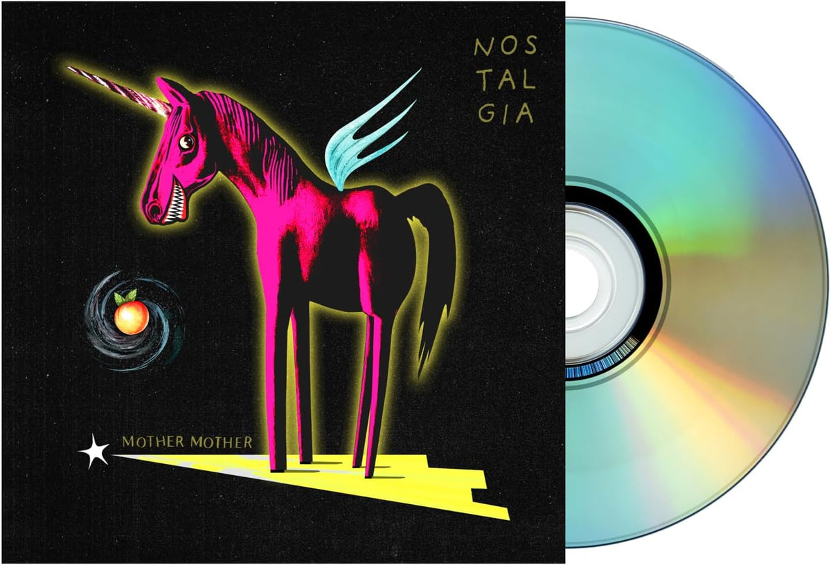 CD case and disc for Mother Mother’s “Nostalgia” album, featuring a unicorn.