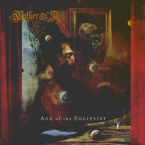 CD cover with dark, surreal painting of a figure and planets.