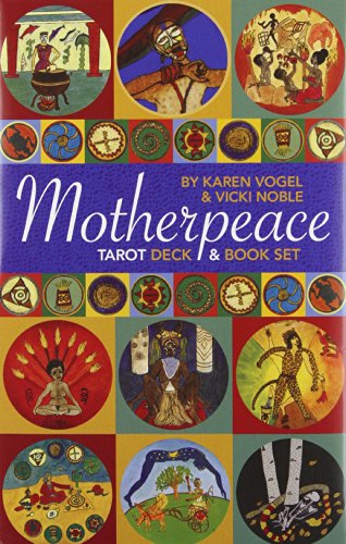 Colorful tarot deck cover with various circular illustrations and text.