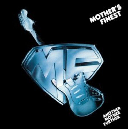 A blue guitar shield with "MF" on a black background, with "Mother's Finest" text.