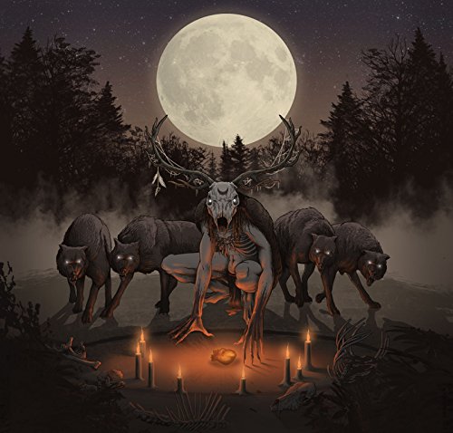 Dark illustration of a horned figure surrounded by wolves and candles under a full moon.
