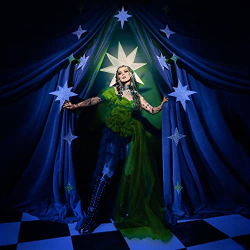 Mothica album cover: woman in green dress under starry, draped fabric.