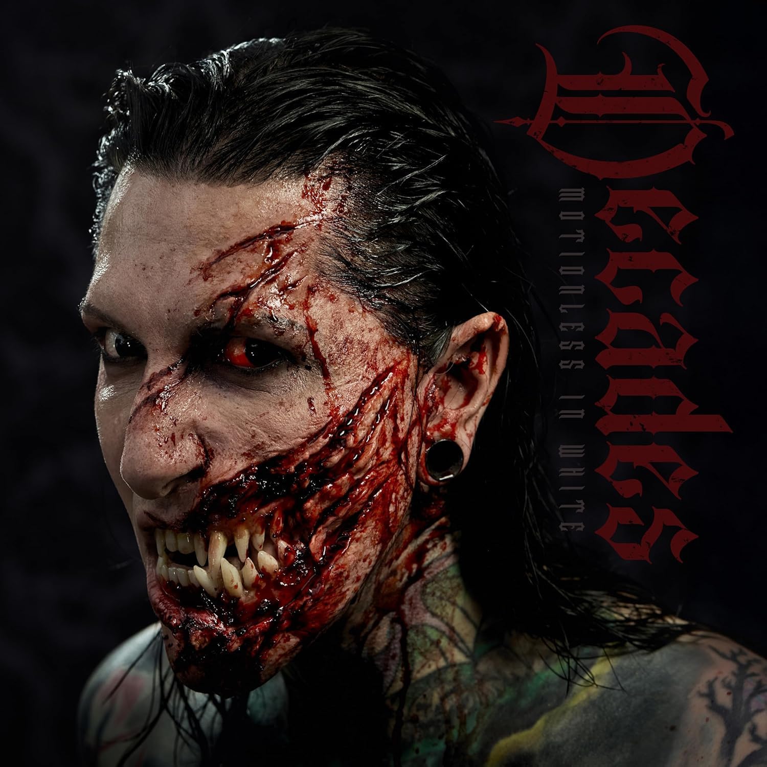 Album cover for Motionless In White’s “Decades” featuring a scarred face.