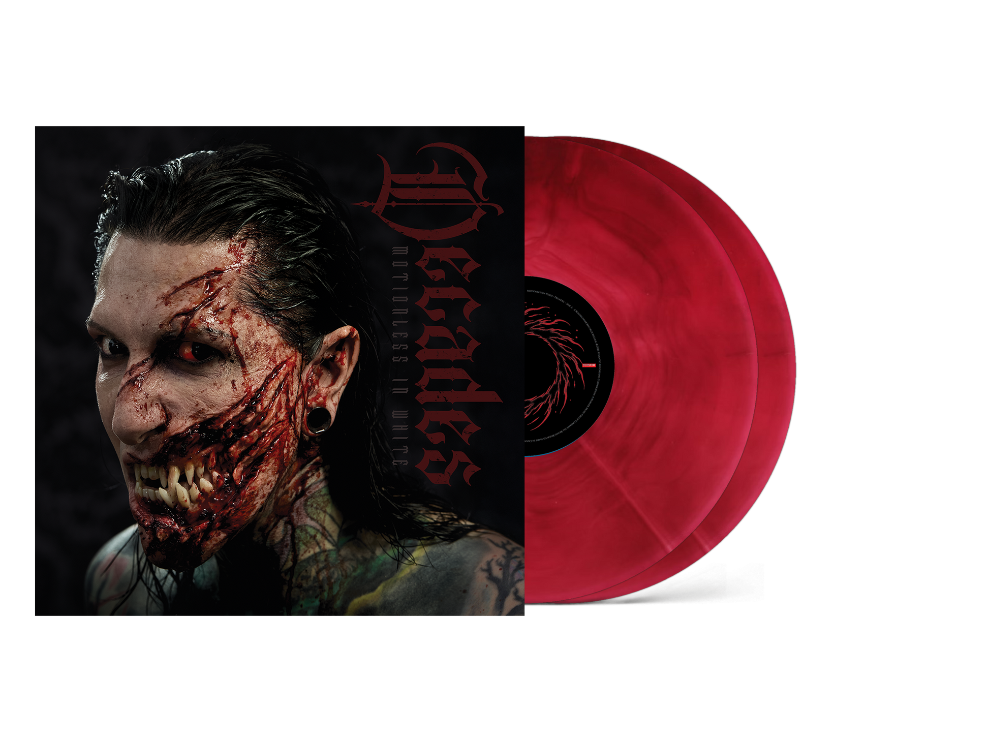 Motionless In White "Decades" marble red vinyl record with album cover.