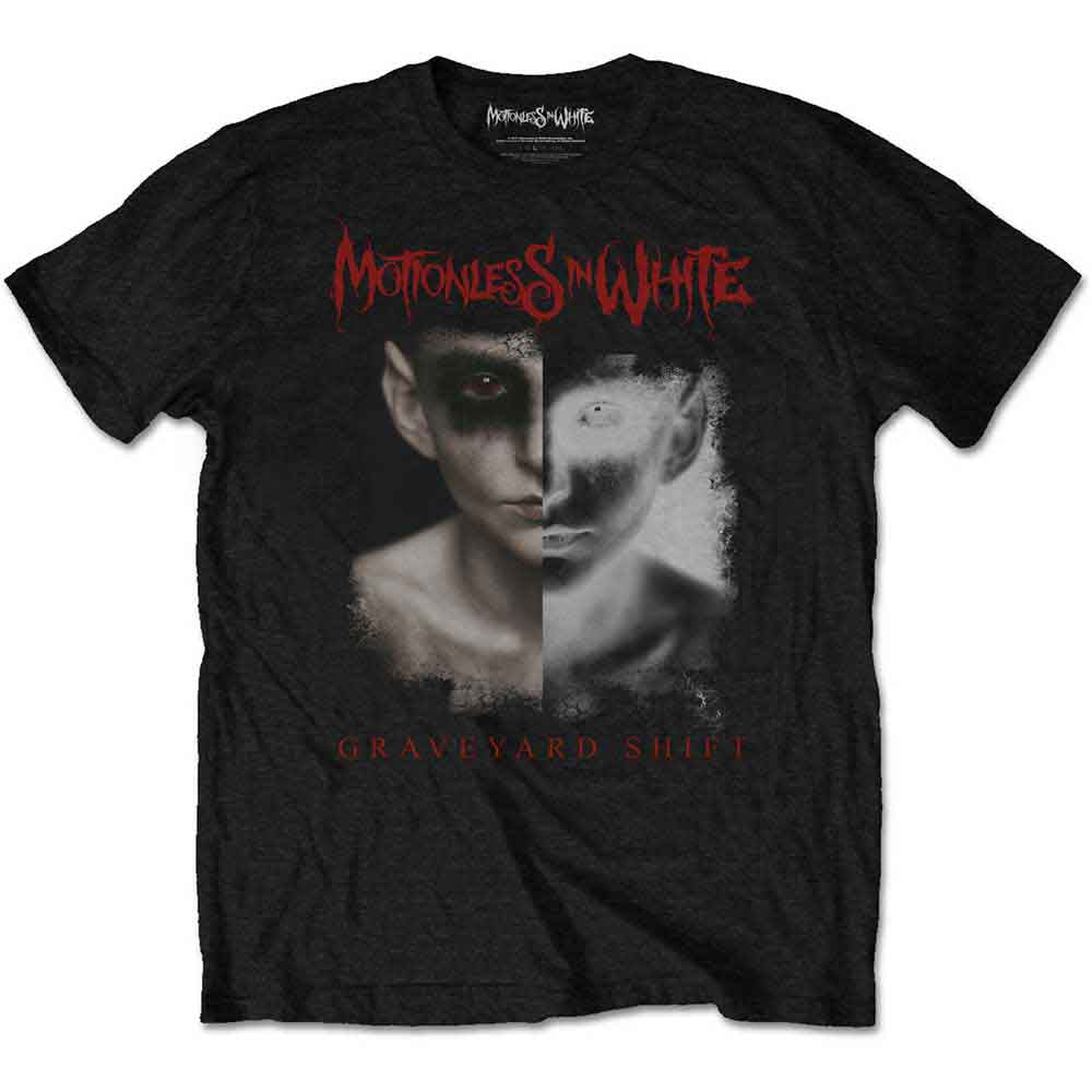 Black t-shirt with a split-face graphic and "Motionless In White" text.