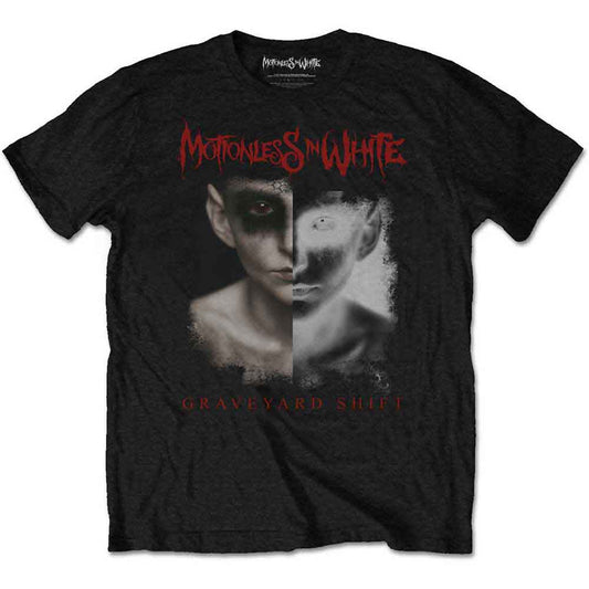 Black t-shirt with a split-face graphic and "Motionless In White" text.
