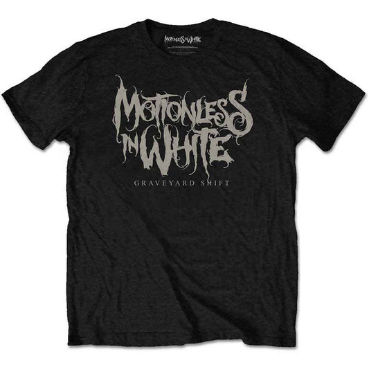 Black t-shirt with white “Motionless In White” band logo and text.
