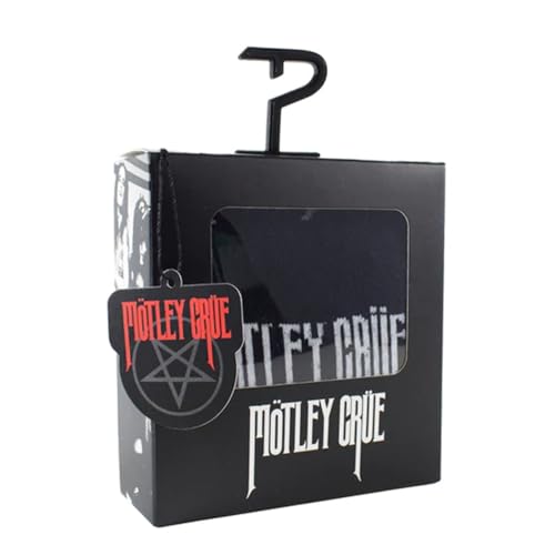 Black gift box with Motley Crue logo and hanging socks inside.