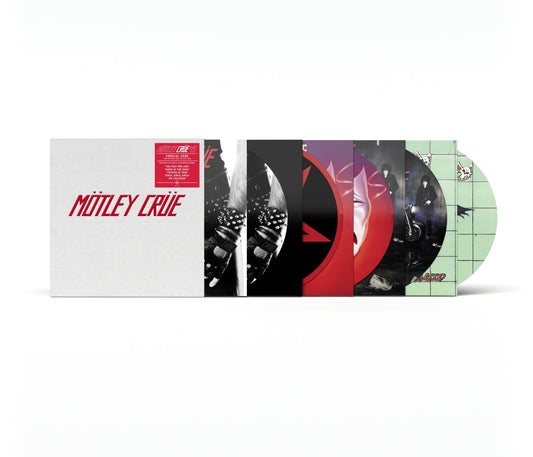 Mötley Crüe vinyl box set with five picture disc records displayed in a row.