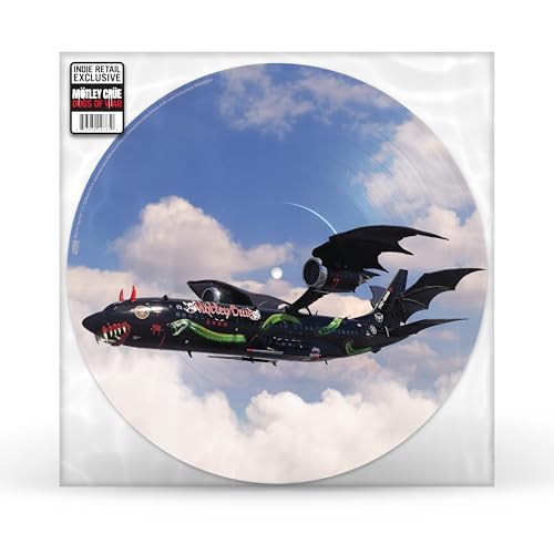 Motley Crue Dogs of War picture disc vinyl featuring a dragon-winged plane in flight.