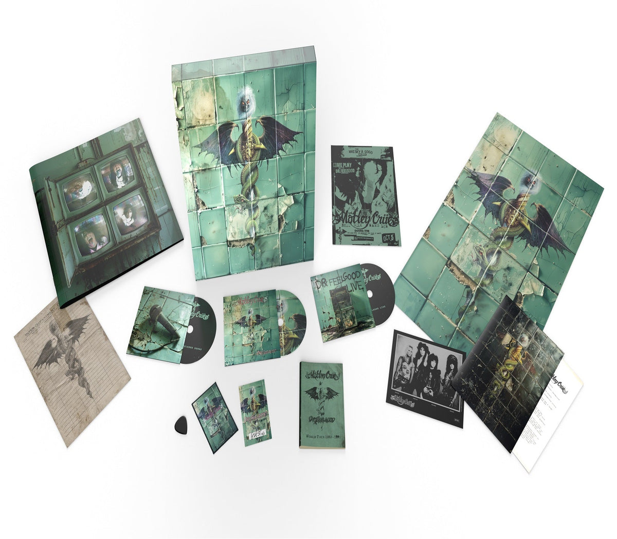 Mötley Crüe “Dr. Feelgood” deluxe CD remaster contents laid out flat.