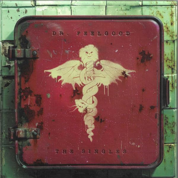 Weathered red metal door with a gold caduceus symbol and text Dr. Feelgood.