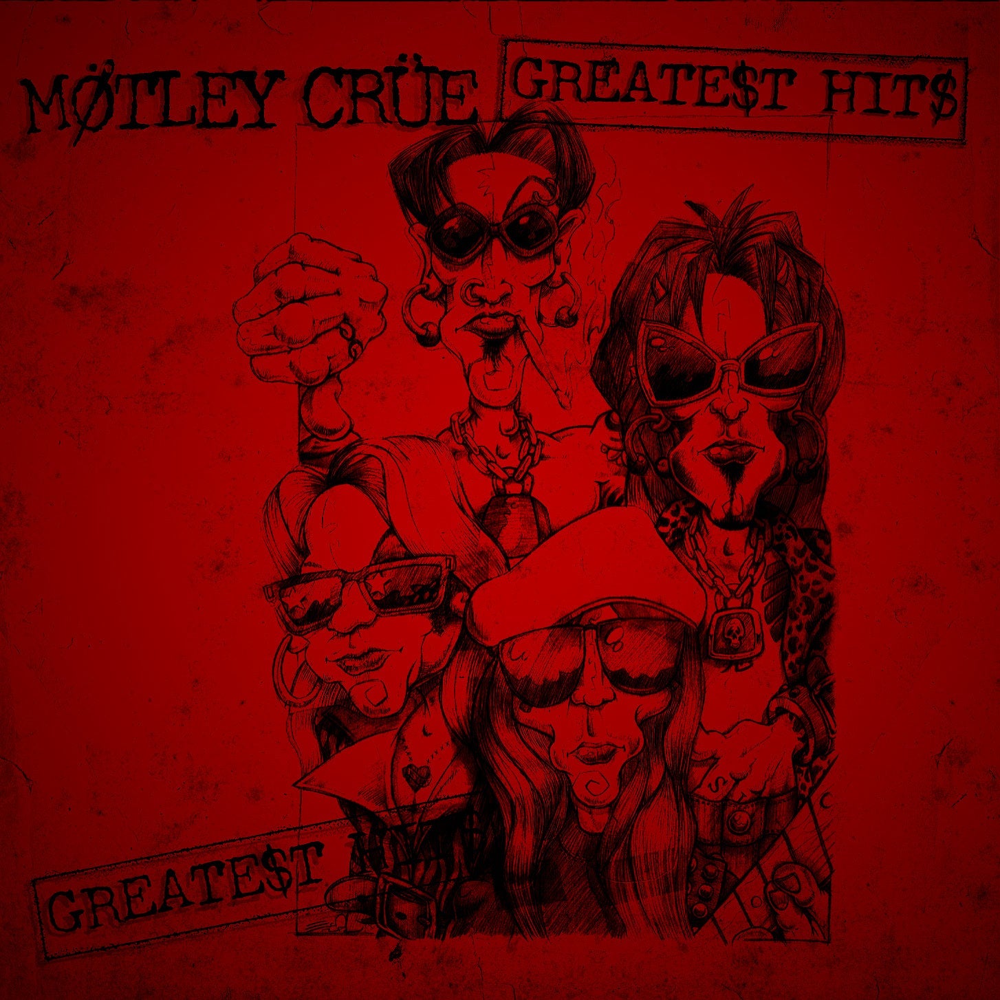 Caricature illustration of Motley Crue members on a red background with band logo text.