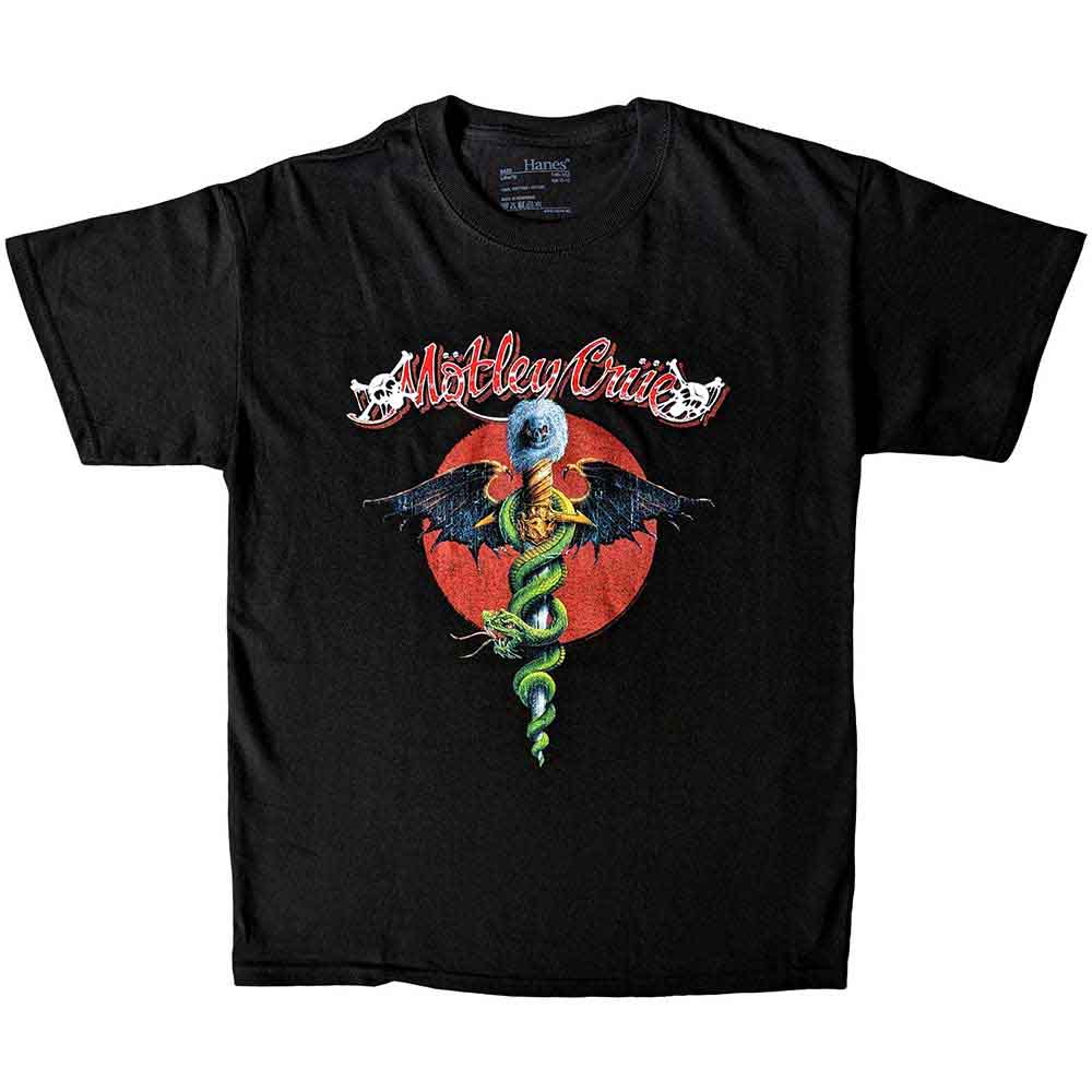 Girl wearing a black Motley Crue band t-shirt with a colorful logo.