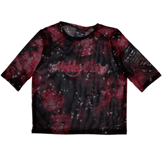 Black mesh crop top with white “Motley Crue Feelgood” logo, size X-Small.