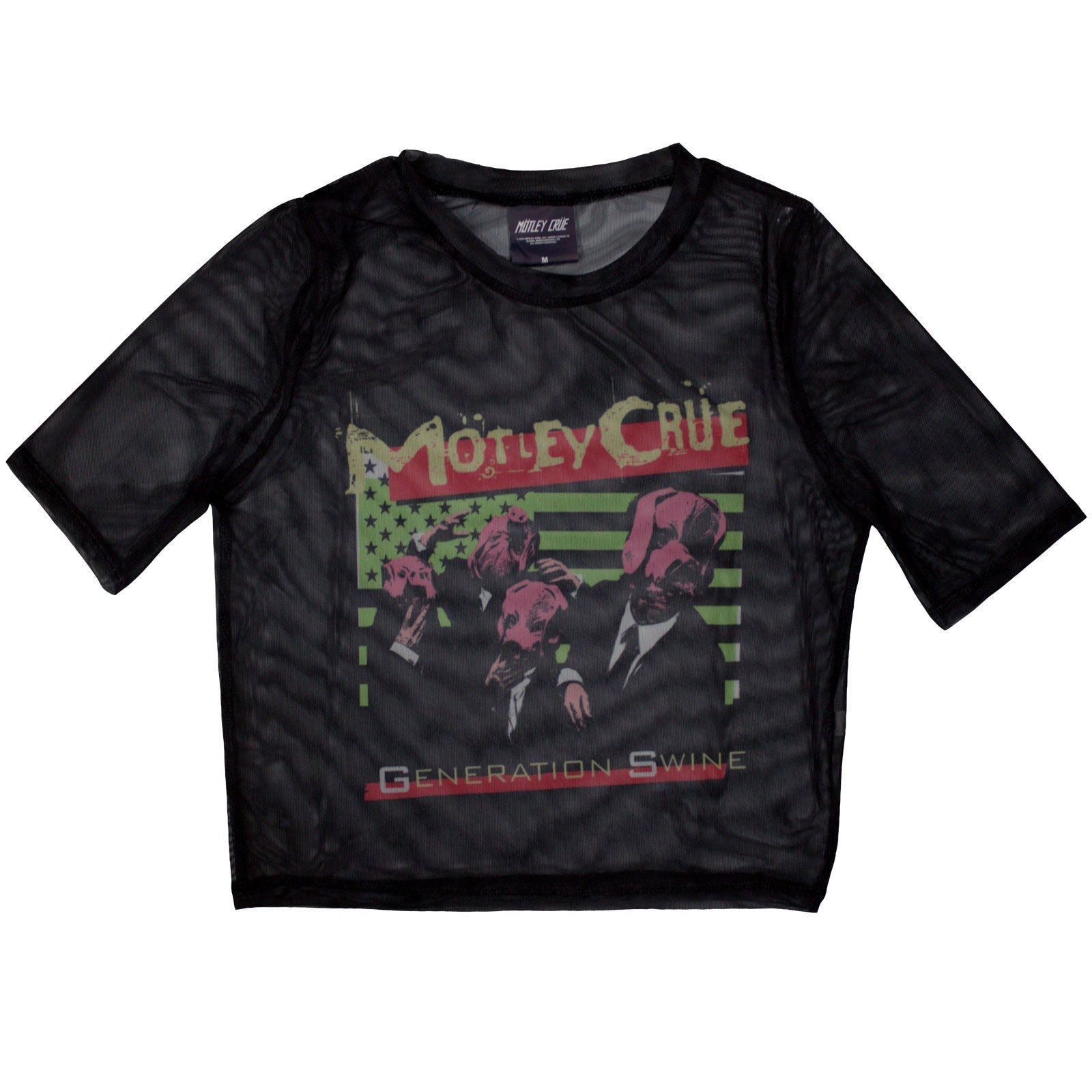 Black mesh crop top with Motley Crue’s “Generation Swine” album art, size small.
