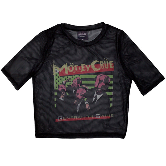Black mesh crop top with Motley Crue’s “Generation Swine” album art, size small.