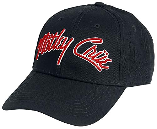 Black baseball cap with red embroidered Mötley Crüe logo on the front.