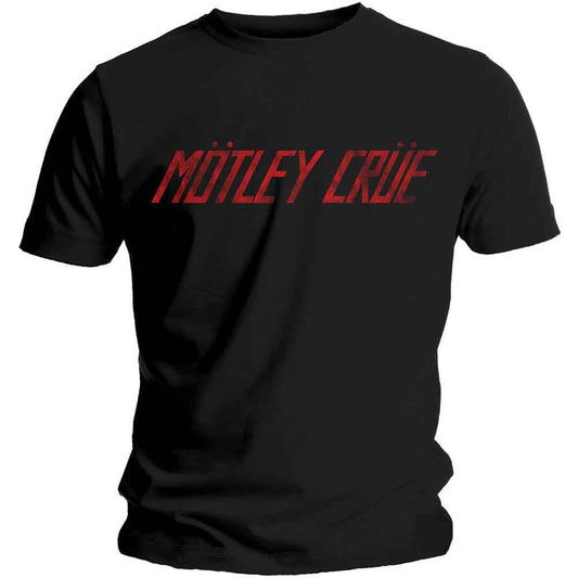 Black t-shirt with red, distressed "Mötley Crüe" logo centered on chest.