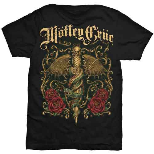 Black t-shirt with ornate Motley Crue logo featuring a dagger and roses.