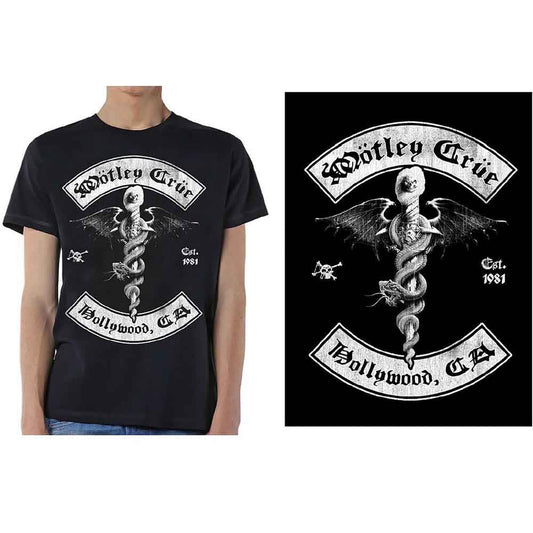Black t-shirt with white Mötley Crüe logo of a snake and skull.
