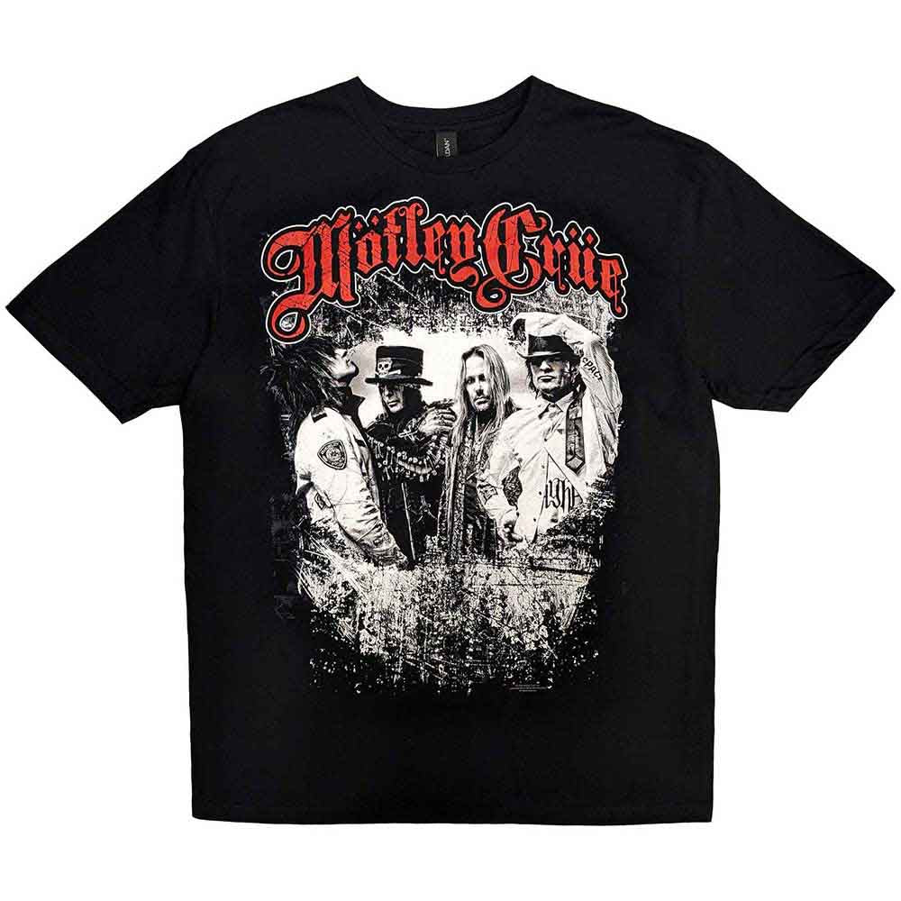 Black t-shirt with Motley Crue band image worn by a male model.
