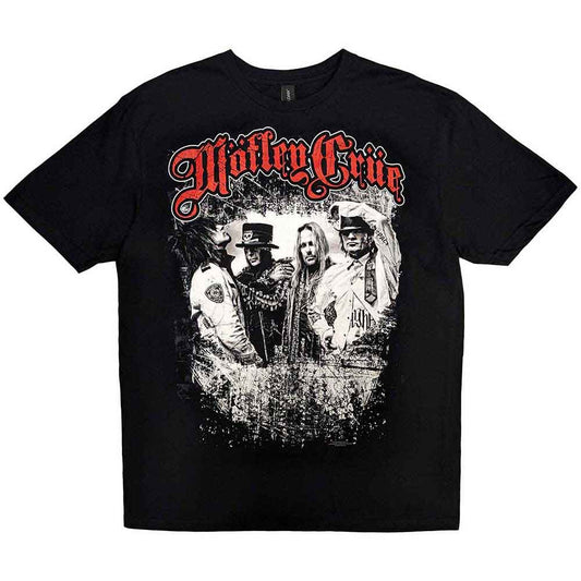 Black t-shirt with Motley Crue band image worn by a male model.