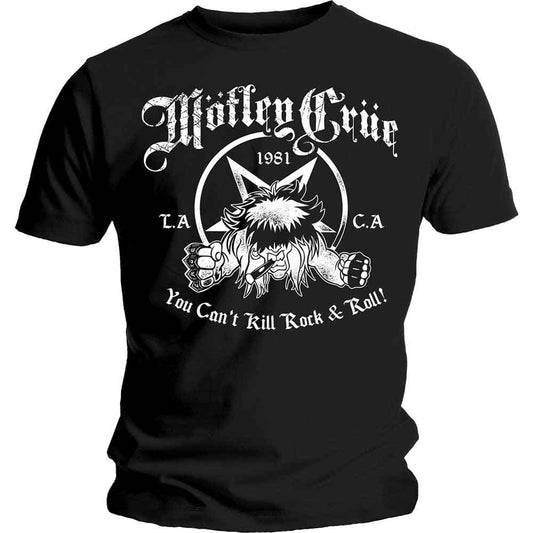 Black t-shirt with white Motley Crue logo and rock & roll graphic.