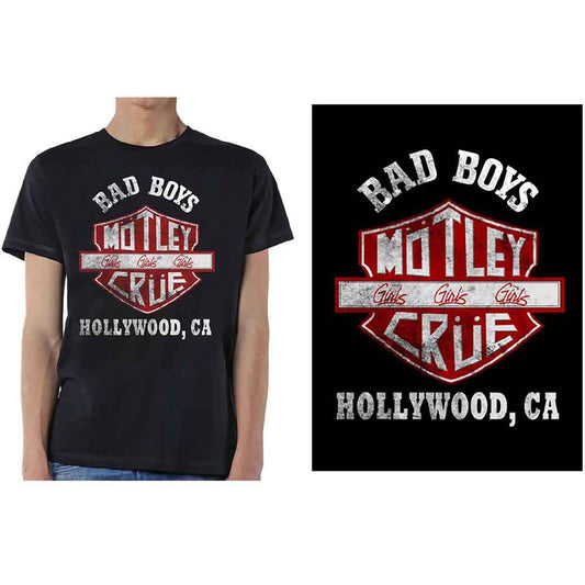 Black t-shirt with distressed white and red Motley Crue graphic.